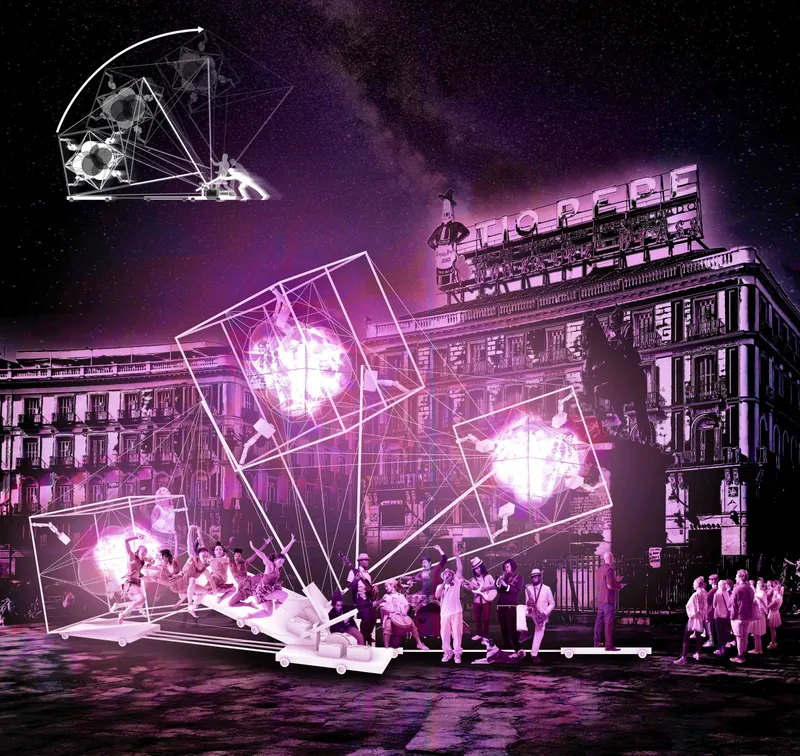 Puerta del Sol at night: multiple tilted and stacked tensegrity cubes lit in magenta, with performers suspended inside the frames and a crowd watching beneath the Tio Pepe sign