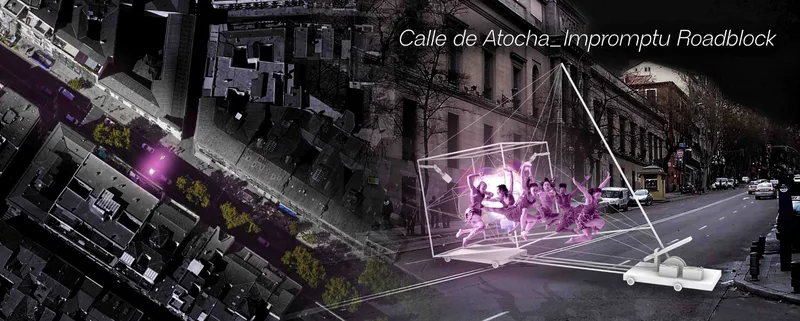 Calle de Atocha, Impromptu Roadblock: a glowing tensegrity cube mounted on a wheeled cart blocks the street, with magenta-lit dancers performing inside the frame and the city seen from above