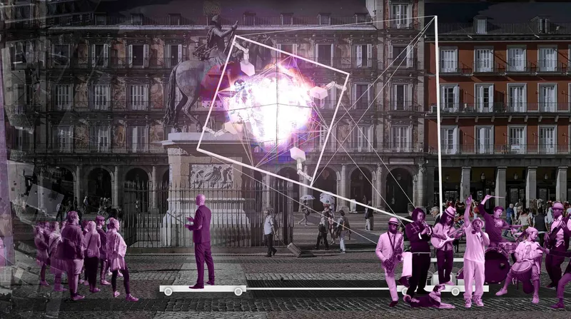 Plaza Mayor at night: the tensegrity cube with a radiant orb at its centre hovers beside the equestrian statue of Philip III, with a magenta-washed crowd gathering in the foreground