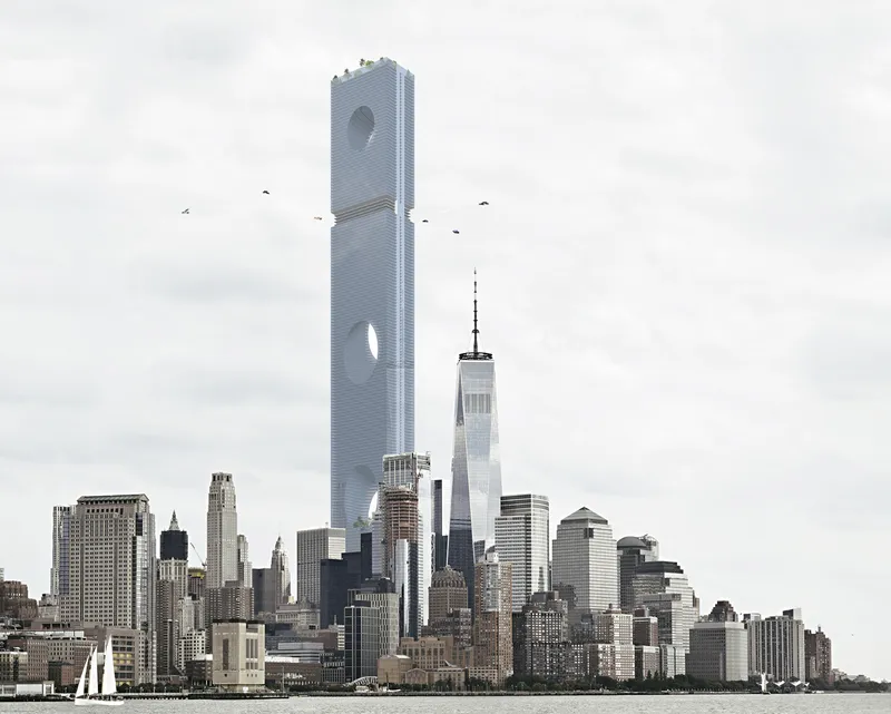 The Federal Office Tower rising above Lower Manhattan, dwarfing One World Trade Center, with oval sky forest voids carved into its facade and drones circling
