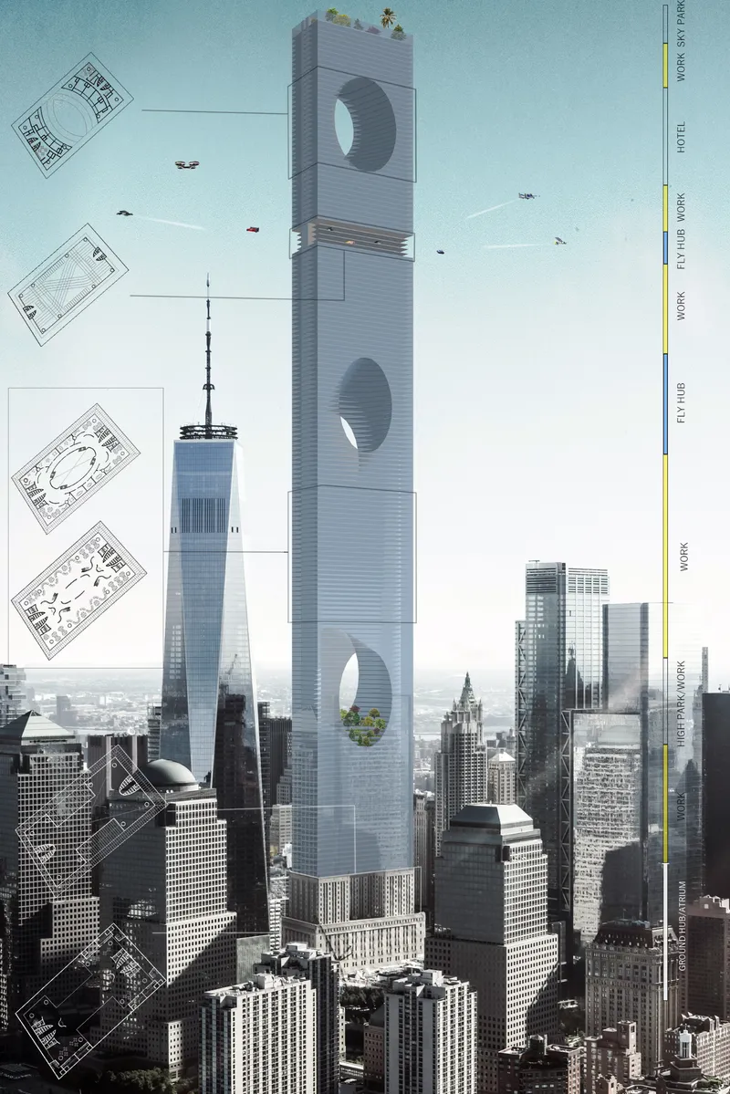 Annotated tower elevation with floor plans on the left and a vertical zoning bar on the right showing programme layers: base, fly hub, work, hotel, and sky park