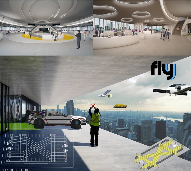 Four interior views: a flexible office floor with oval ceiling openings and curved furniture (top), and the Fly Hub level with parked vehicles, a runway marshall directing drones, and landing platform blueprint