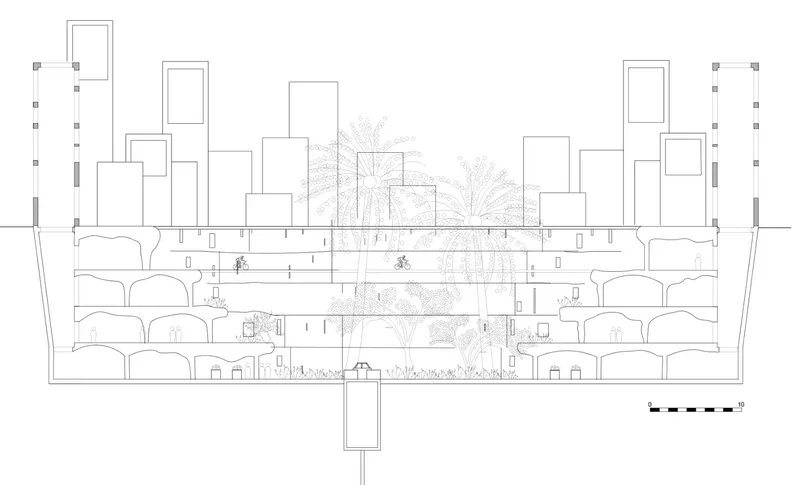 A detailed sectional plan highlighting the underground city’s intricate systems for transport, utilities, and housing.