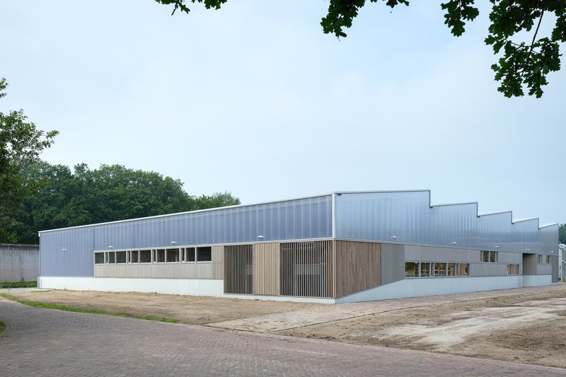 Corner view showing the stepped sawtooth roofline and timber-clad entry with clerestory windows