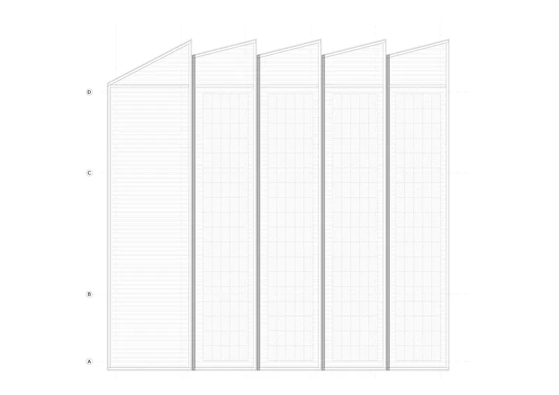 Elevation drawing showing five bays with sawtooth rooflines and vertical cladding profiles