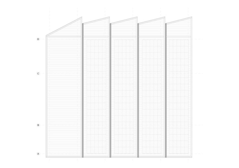 Elevation drawing showing five bays with sawtooth rooflines and vertical cladding profiles
