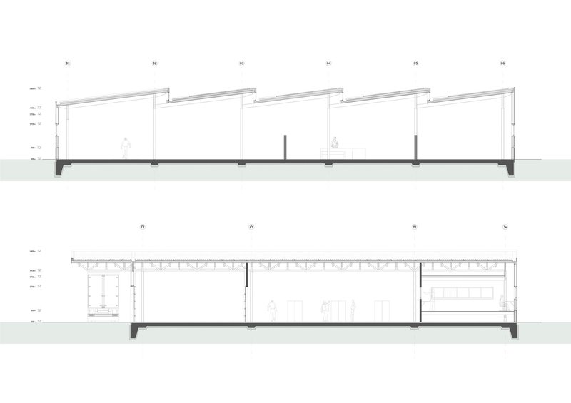 Section drawings showing the interior spatial arrangement with clerestory openings and structural framework