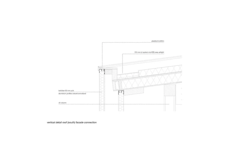 Vertical detail section drawing showing roof and facade connection with aluminum profiles and anodized finish