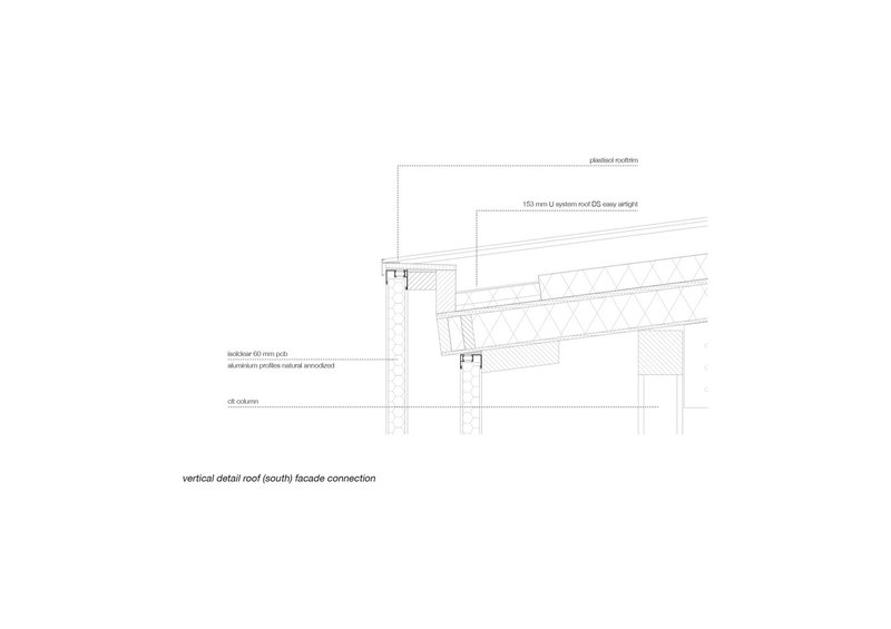 Vertical detail section drawing showing roof and facade connection with aluminum profiles and anodized finish
