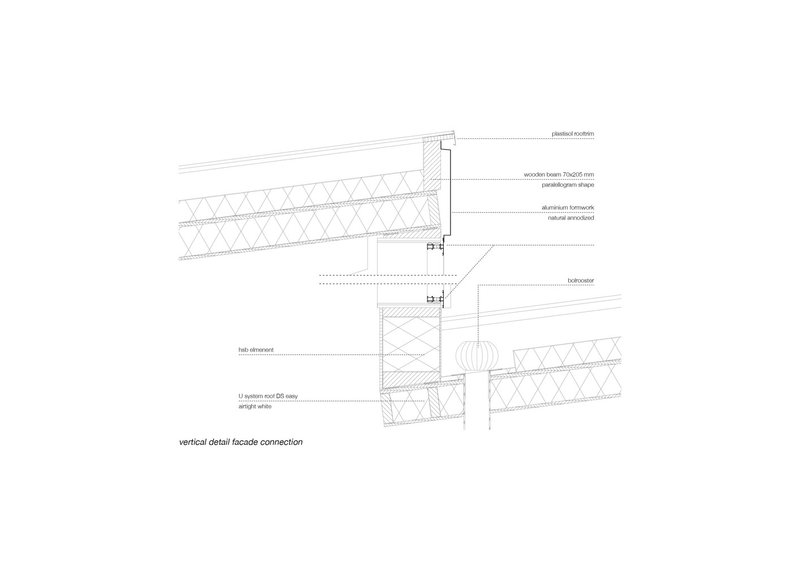 Vertical detail section drawing illustrating facade connection with wooden beam and aluminum formwork layers