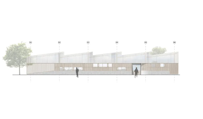 Elevation rendering of the facade with vertical slat cladding, silhouetted figures and flanking trees