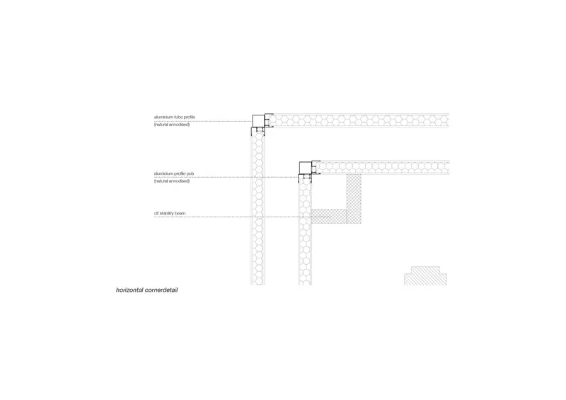 Construction detail drawing of a horizontal corner connection with insulation and weatherproofing layers