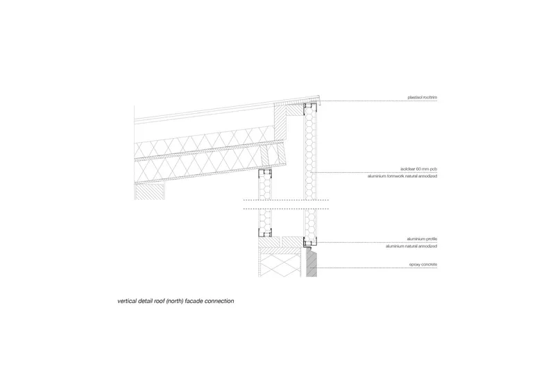 Vertical detail section drawing of roof to facade connection with aluminum profiles over concrete base