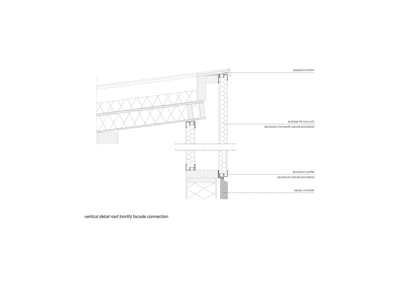 Vertical detail section drawing of roof to facade connection with aluminum profiles over concrete base