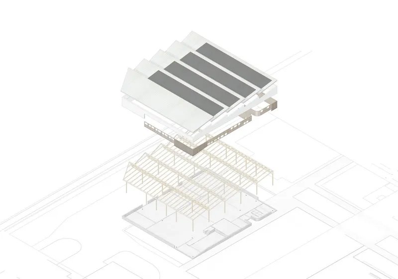 Exploded axonometric drawing showing roof assembly with solar panels separating from timber structure below