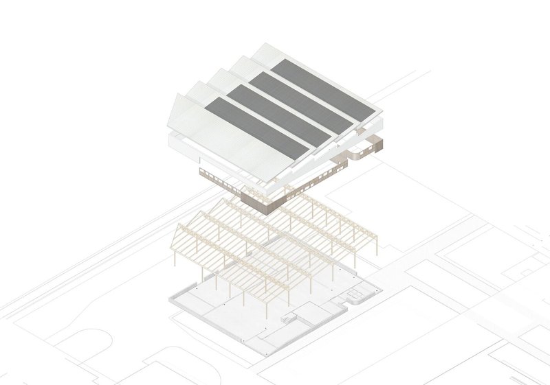 Exploded axonometric drawing showing roof assembly with solar panels separating from timber structure below