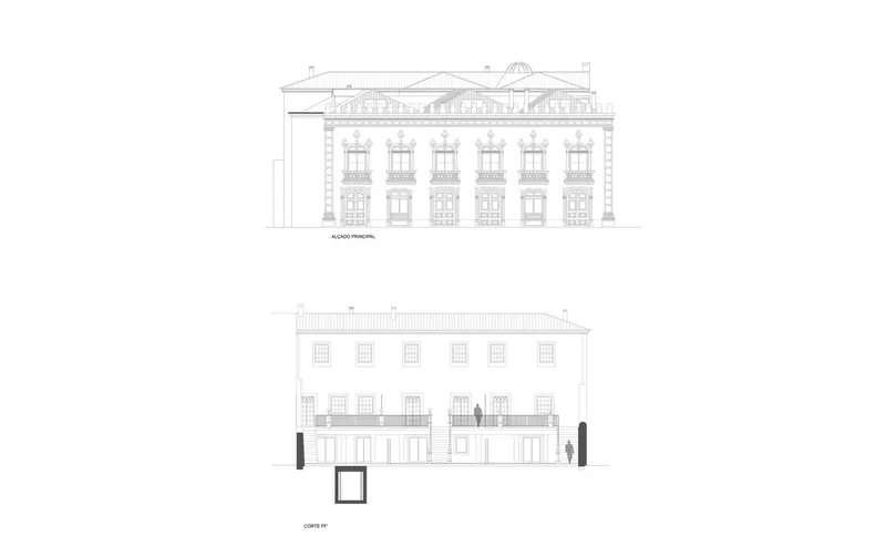 Elevation drawings depicting a six-window symmetrical facade and a courtyard side view