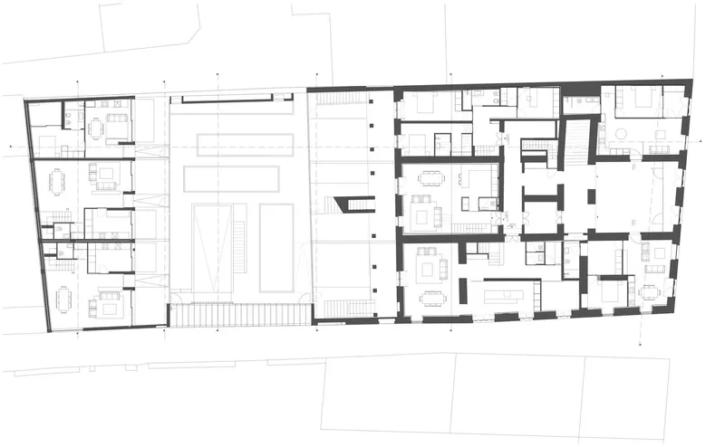 Ground floor plan drawing showing residential units arranged around a central courtyard and pool