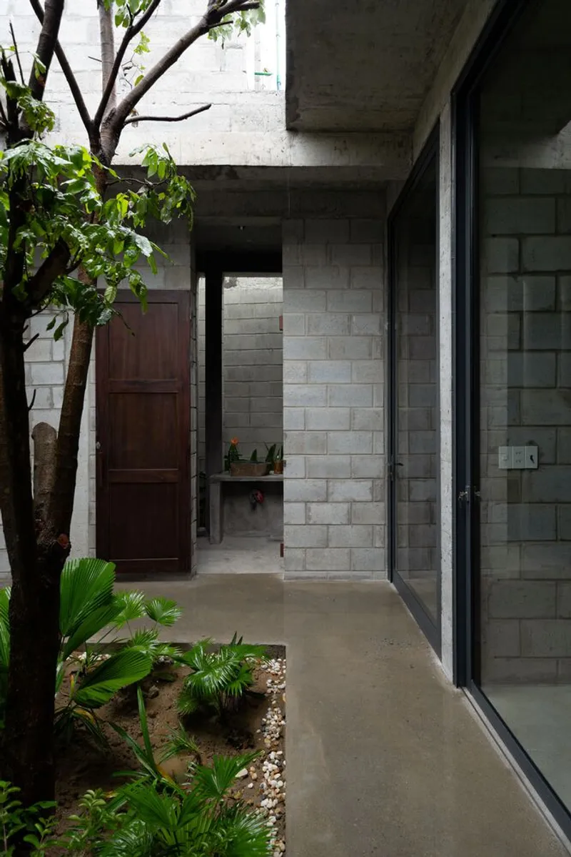 Narrow circulation space with exposed concrete ceiling, concrete block walls, and tree branches overhead