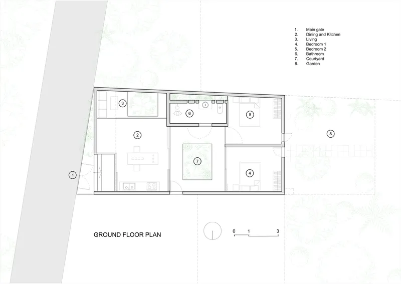 Ground floor plan drawing showing linear arrangement of rooms with central courtyard and numbered key