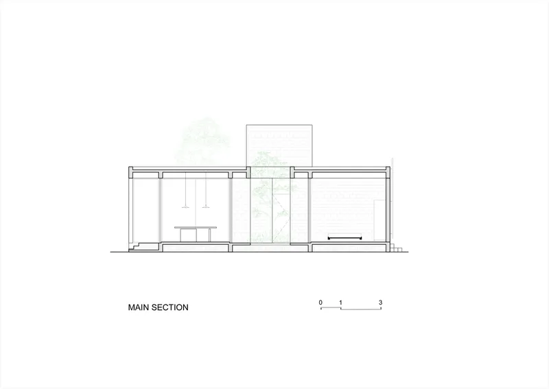 Section drawing showing interior volumes with a central tree courtyard and flat roof structure
