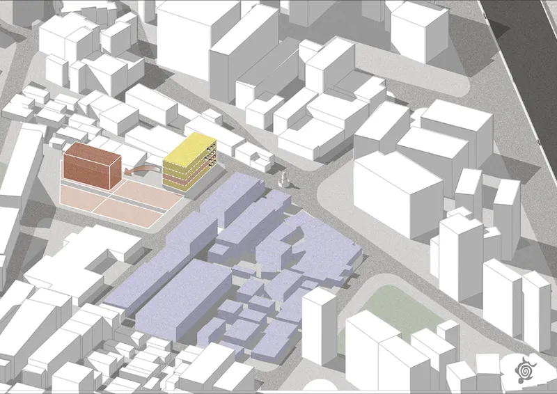 3D site model: the house highlighted in brick and yellow among white neighbourhood volumes, purple ground plane, dense urban block