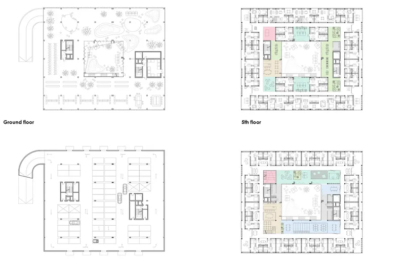 Four floor plans: ground floor with landscaped courtyard, parking level below, 5th floor with colour-coded apartment units, and an upper floor with a central shared living space