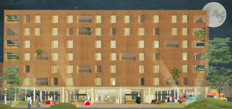 Night facade of the 3-Living building: six-storey timber cladding with irregularly placed windows, planted balconies, a glass ground floor with a food truck and string lights