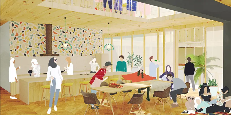 Communal kitchen and lounge with a terrazzo feature wall, timber ceiling structure, residents cooking at the counter, chatting at tables, and working in soft seating areas