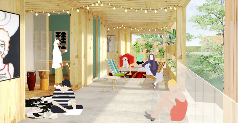 Open timber-framed terrace with string lights, djembe drums, deck chairs, potted plants, and residents relaxing on a shared outdoor balcony overlooking the neighbourhood