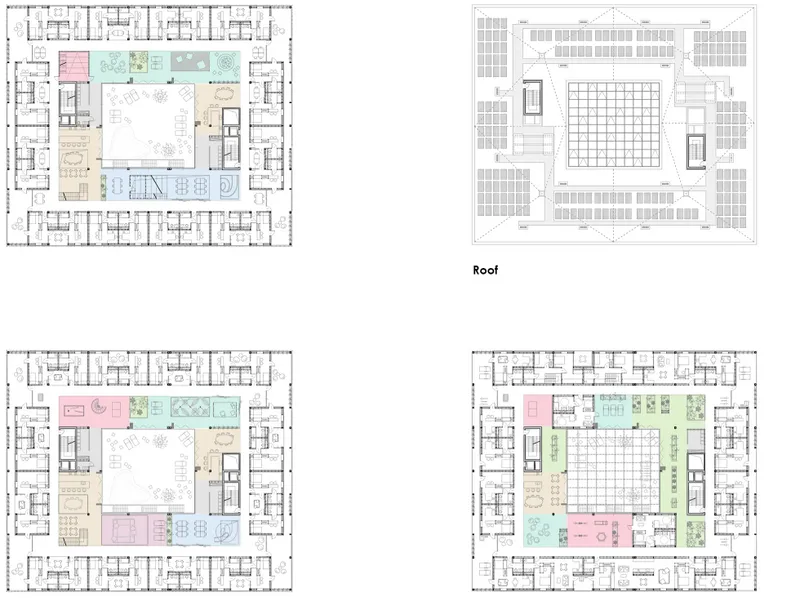 Six floor plans from ground to roof showing the colour-coded programme evolution: public ground, parking, residential floors with shared cores, and a rooftop solar panel grid