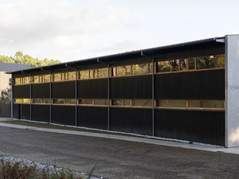 Long corrugated metal facade with horizontal timber-framed glazing bands reflecting evening light
