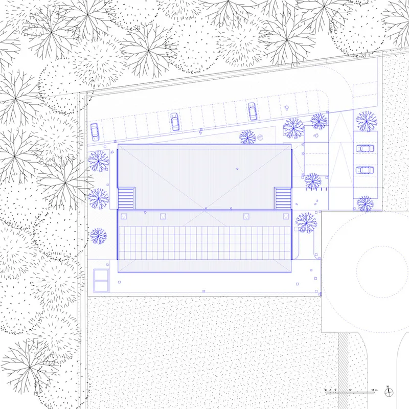 Roof plan drawing showing a pitched volume over a gridded courtyard surrounded by trees