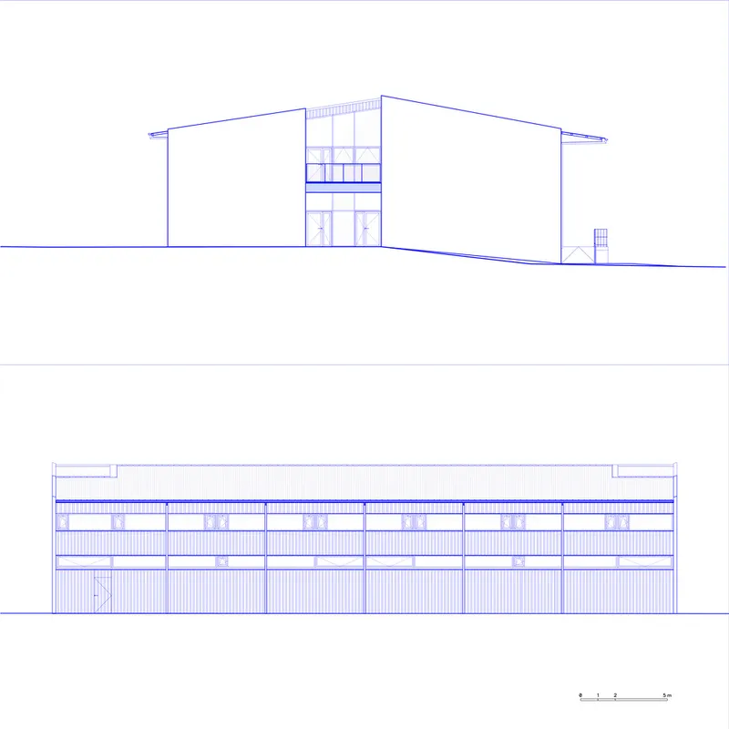 Elevation drawings showing the glazed entry pavilion and the horizontal facade with vertical louvers