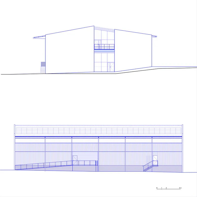 Elevation drawings showing the pitched roof entry and the long facade with staircases at each end