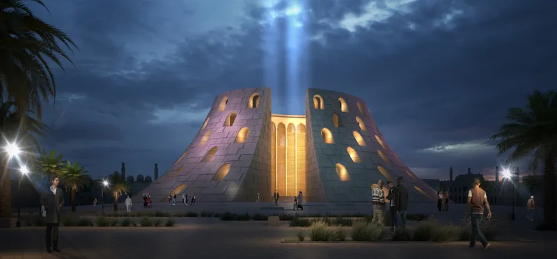 The Memory of Homes memorial illuminated under a serene night sky.