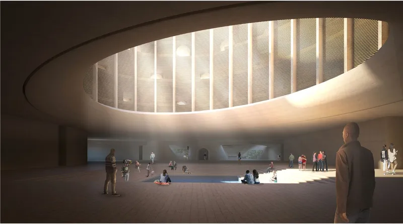 The oculus bathes the interior with light, creating a serene space for reflection and community in the Memory of Homes memorial.