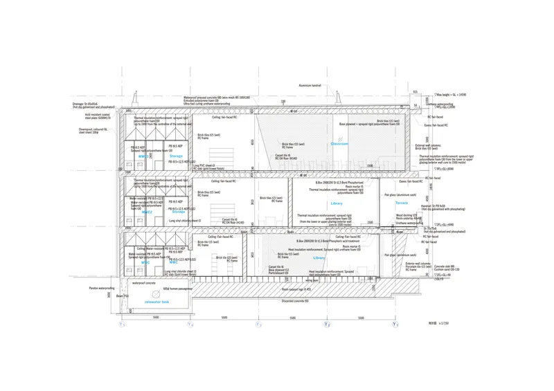Detailed section drawing showing roof trusses, interior spaces, and construction annotations across three bays