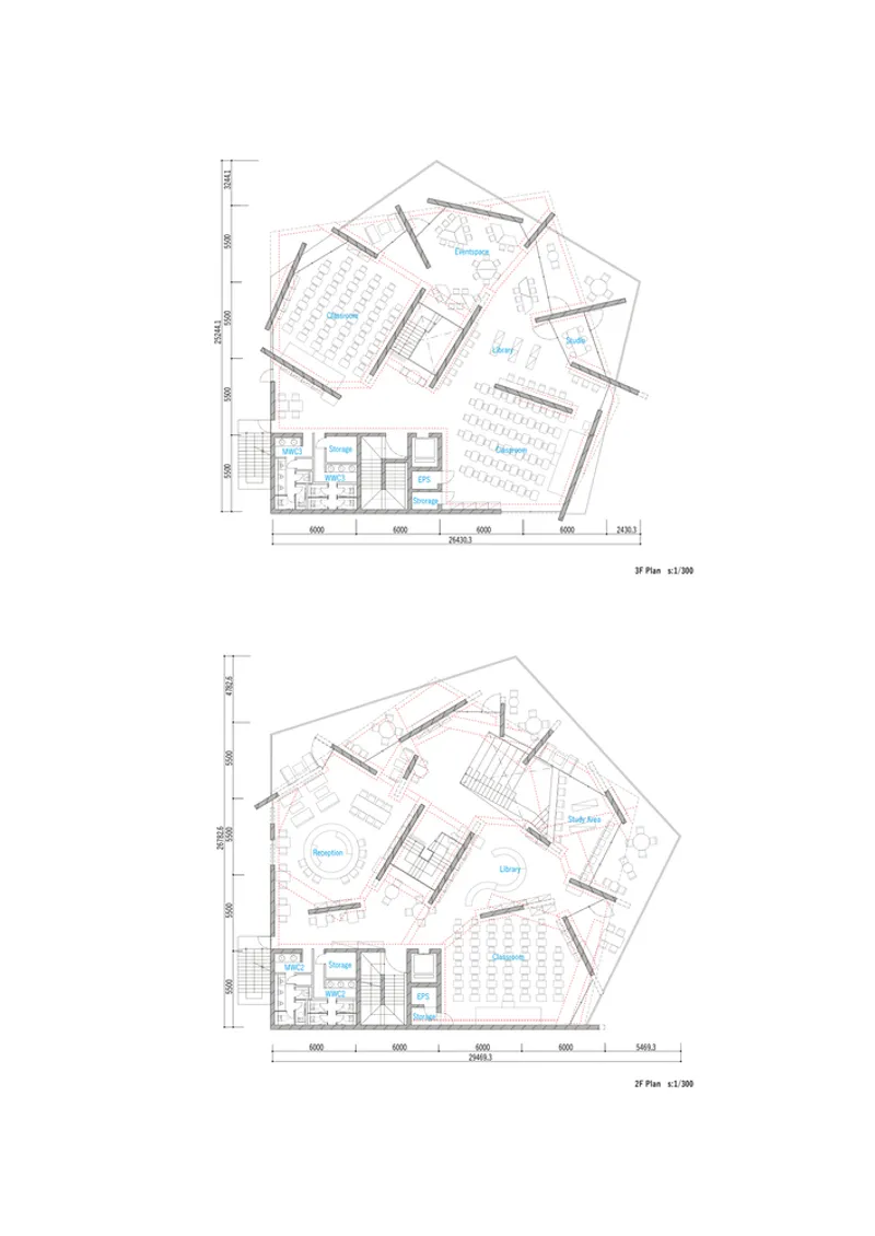 Floor plan drawings depicting two levels of an irregularly shaped building with halls and service areas