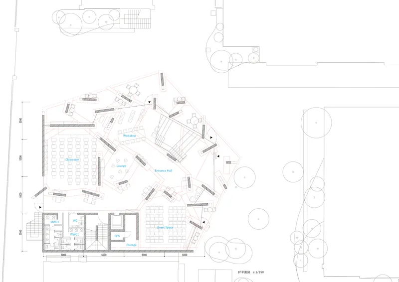 Floor plan drawing showing an angular hall with seating and stage adjacent to support rooms and exterior planting