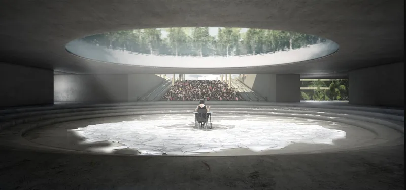 A serene underground memorial space where visitors reflect on the resilience and memory of Aleppo’s history.