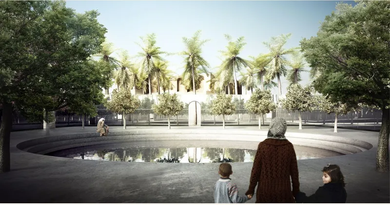A peaceful gathering area surrounded by nature, representing hope and new beginnings for Aleppo.