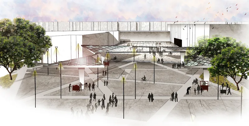 A dynamic civic plaza fostering community connections through innovative design and public interaction.
