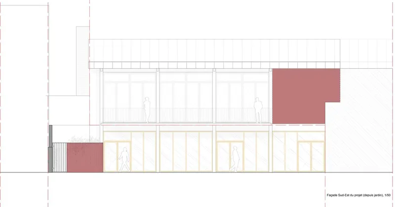 South elevation: existing building with new additions shown in pink, timber doors, metal fence