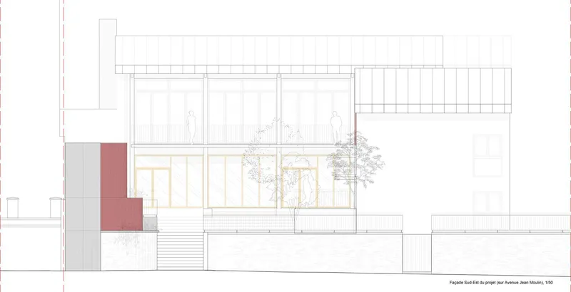 East elevation: the full building from Avenue Jean Moulin, pink elevator tower, glass facade, pitched roof