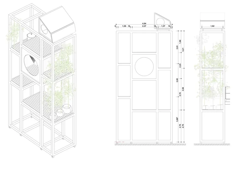 Tower drawing: axonometric and elevations of the four-level open timber frame with plants, screens, and biodiversity elements