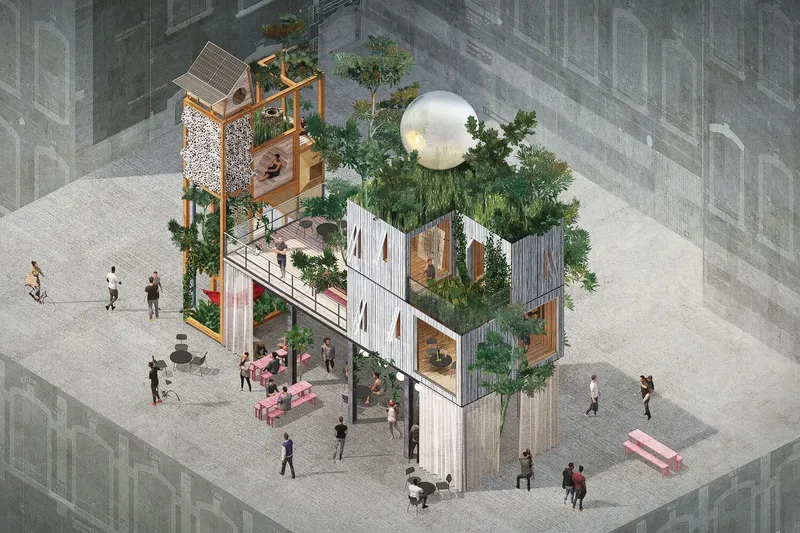 Rendered axonometric: full project with vegetation, transparent dome, tower, market below, colourful accents