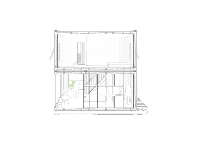 Section: ground floor market hall with figures and furniture, upper floor residential unit with bedroom, stair connecting the two