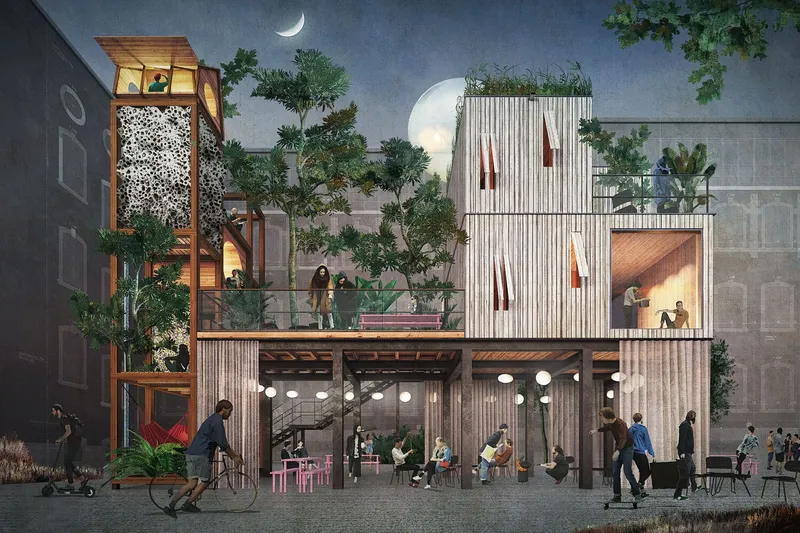 Rendered night elevation: tower, dome, residential modules, market hall with people below, moon above