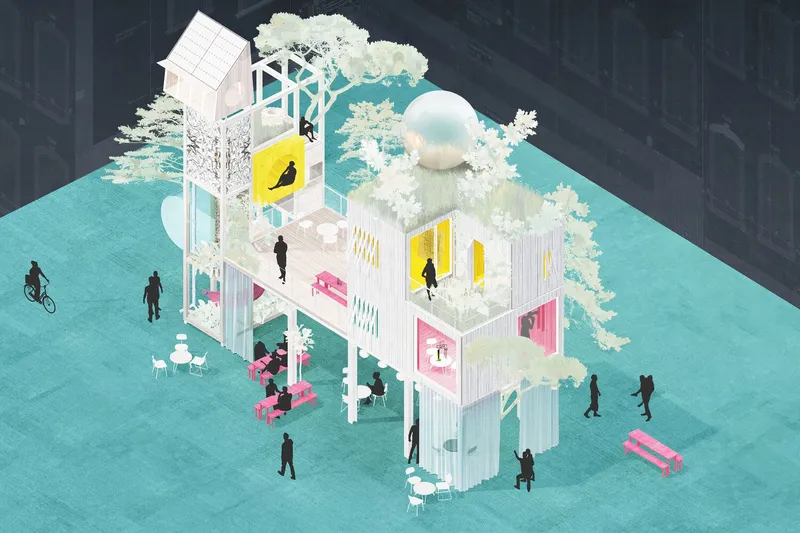 Concept axonometric: white, teal, and pink colour scheme showing programme distribution and silhouette figures